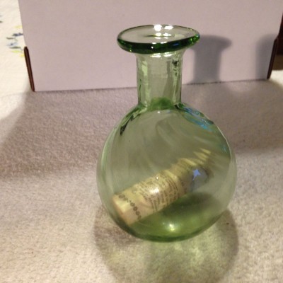 5 Inch Tall Green Tint Glass Flask with Scroll   123296567246